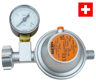 Sicherheitsdruckregler mit Manometer 50 mbar, 1,5 kg/h, Schweiz