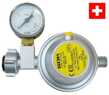 Sicherheitsdruckregler mit Manometer 30 mbar, 1,5 kg/h, Schweiz