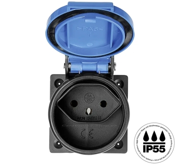 Einbausteckdose 1xT13 (10A/250V) IP55 anthrazit - Deckel hellblau
