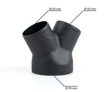 Preview: Y-Stück für Warmluftrohr Ø1x 90mm, 2x 60mm 120°