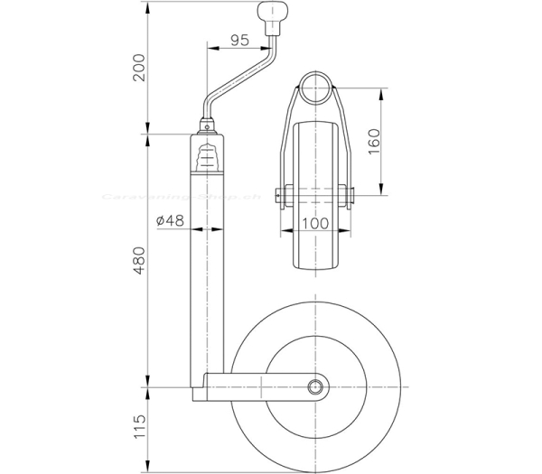 Deichselrad mit Stützlastwaage, Softgummi/Metall, 225 x 70 mm